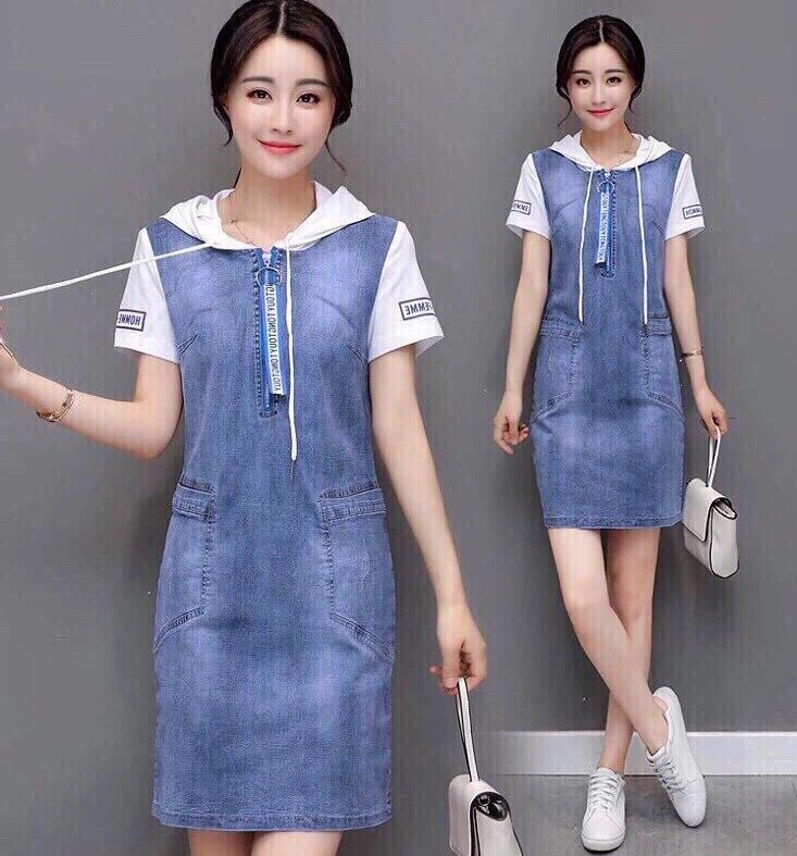 [HCM]Đầm suông jean phối nón