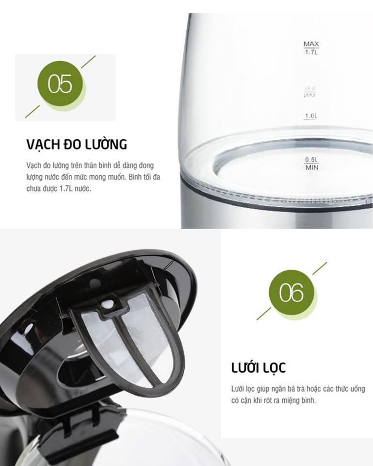 ẤM ĐIỆN SIÊU TỐC THUỶ TINH LOCK&LOCK EJK317BLK 1.7L