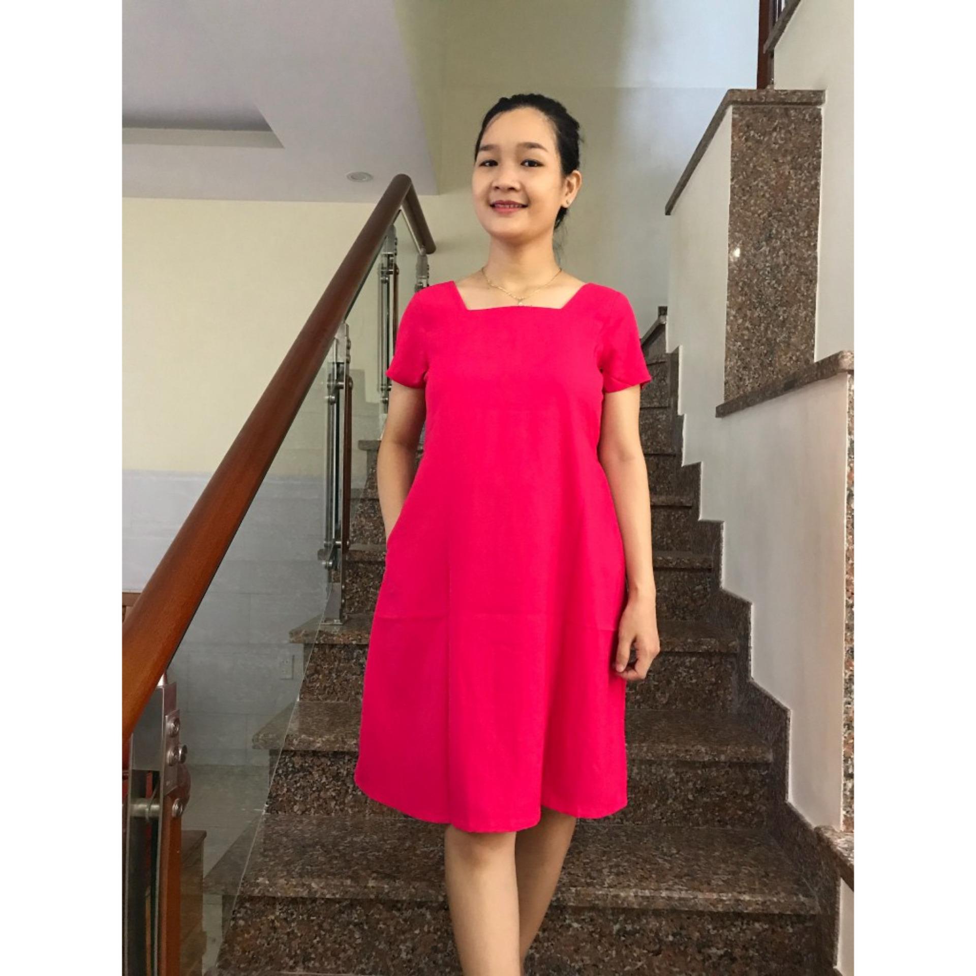 Đầm bầu cổ vuông 2 cách mặc (hồng tươi)