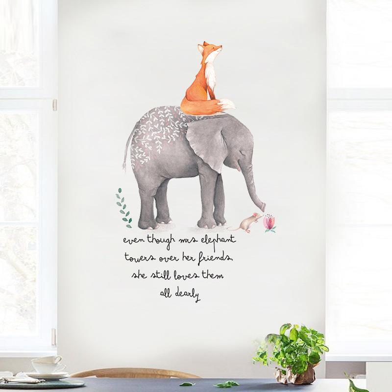 Decal dán tường elephant and fox Sticker Tranh Dán Tường XL7241- Decal dán tường trang trí phòng khách, trang trí quán cafe, trang trí shophouse