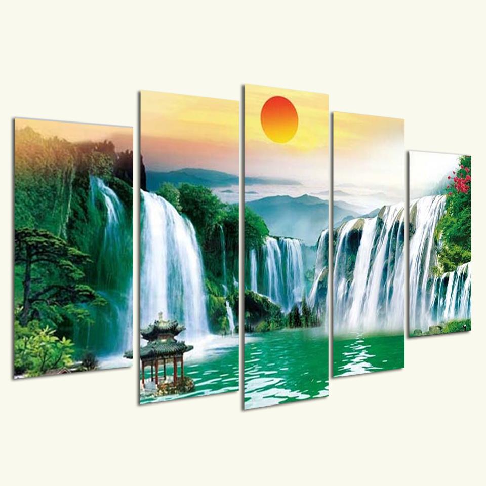 [Sale] Tranh Trang Trí Thác nước sơn thủy ST909648- Tranh đồng hồ 3D [5 tấm rộng 1,5m cao 0,9m] SuperDecor