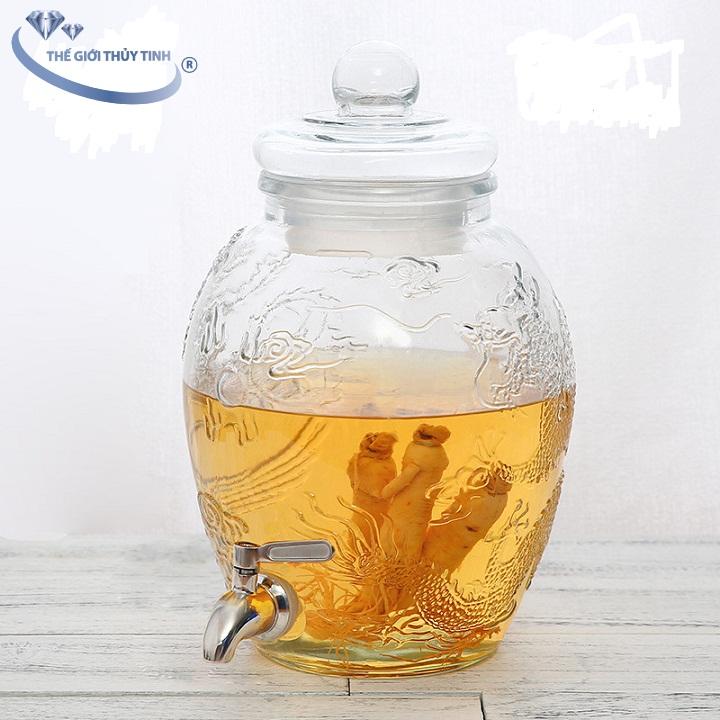 Bình Ngâm Sâm Thủy Tinh Long Phụng 8 Lít Có Van