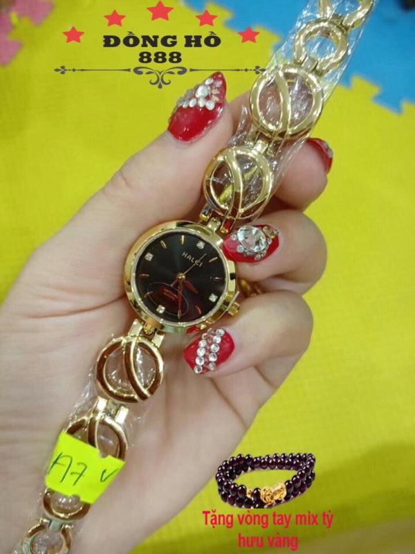 Đồng hồ Nữ Halei dây thép thời thượng TẶNG 1 vòng tỳ hưu phong thủy - Dây vàng mặt đen