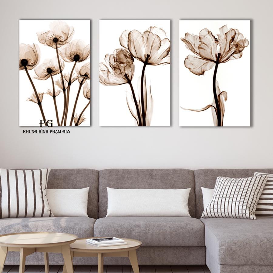 Bộ 3 tranh canvas hoa hiện đại tặng kèm đinh treo tranh dễ thao tác - Khung Hình Phạm Gia PG61A