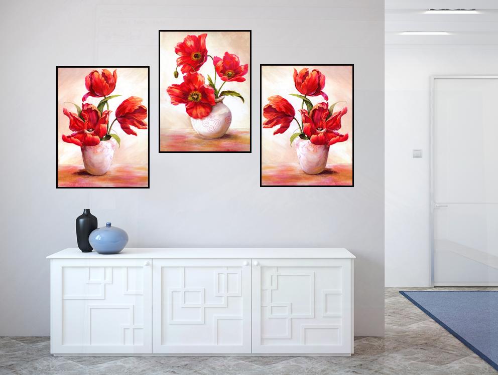 Bộ 3 tranh treo tường Canvas bình hoa đỏ CVC03055