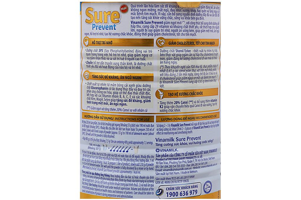 Sữa bột Vinamilk Sure Prevent lon 400g (dinh dưỡng dành cho người lớn)