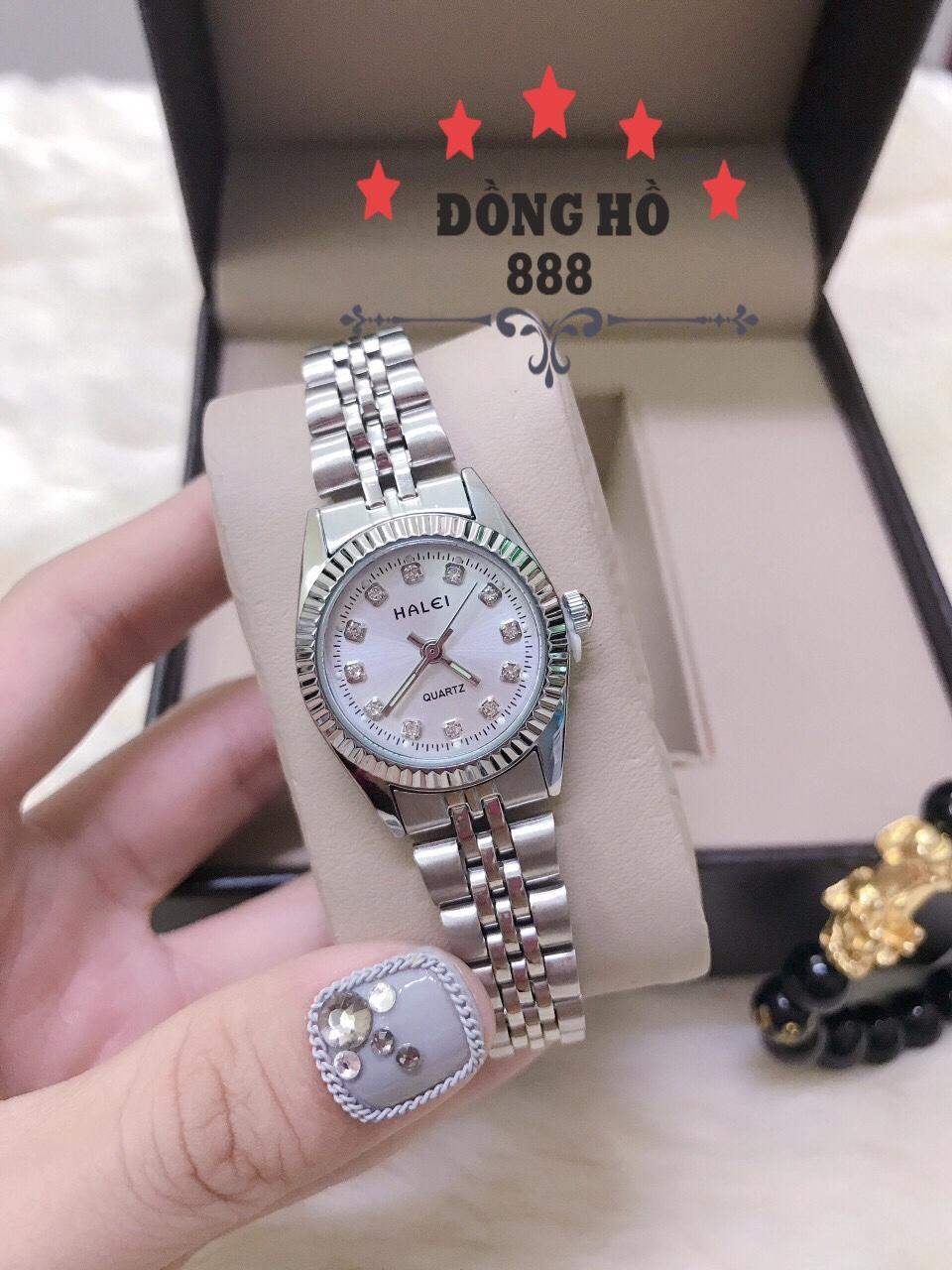 Đồng hồ Nữ mặt tròn cao cấp Halei dây thép thời thượng HL 564 - dây trắng mặt trắng