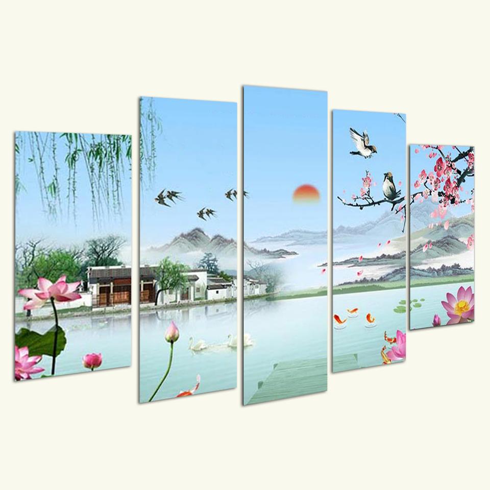 Tranh ghép bộ treo tường Thác nước sơn thủy JNFJ_021- Tranh treo phòng ngủ 3D [5 tấm rộng 2m cao 1,2m]