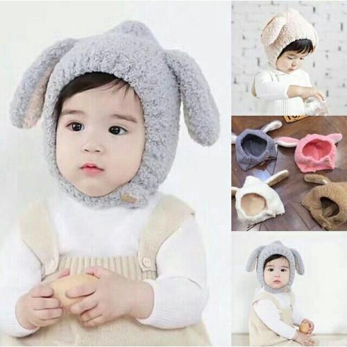 Mũ len lông cừu tai thỏ dày mềm cho bé
