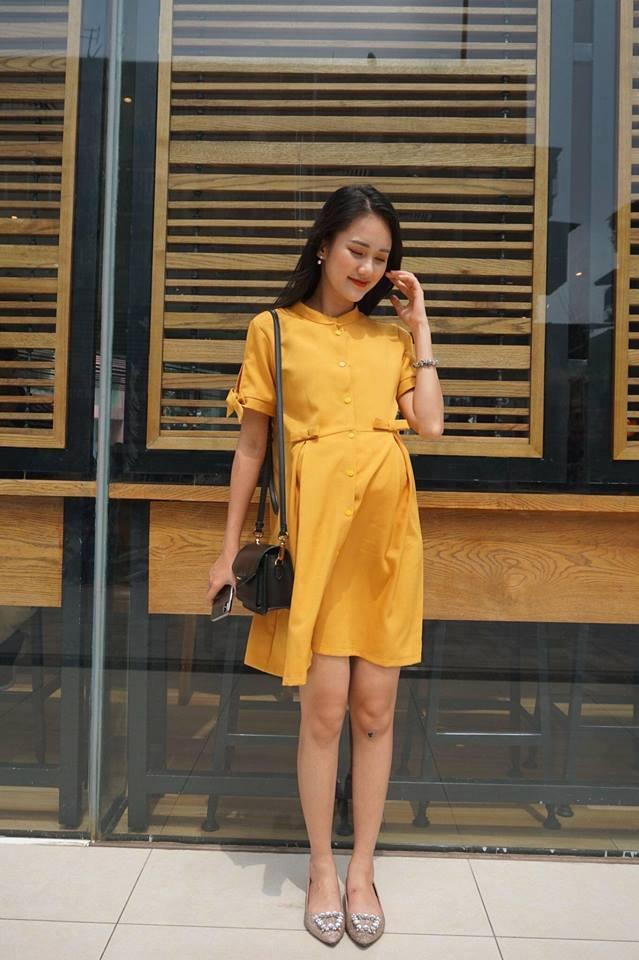 MYC 1176 Váy Bầu Vàng Cổ Tàu Nơ