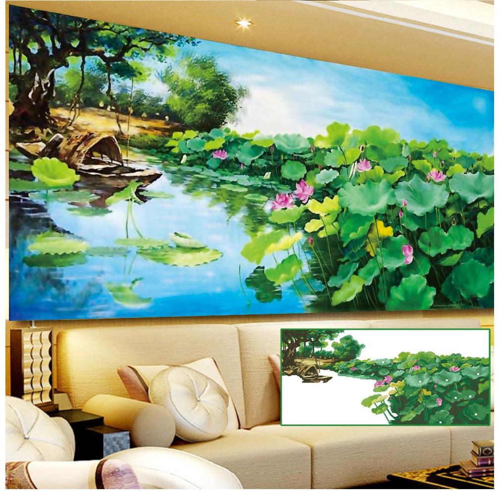 Tranh đính đá đầm sen xanh y8059 Kích thước: 120x65cm