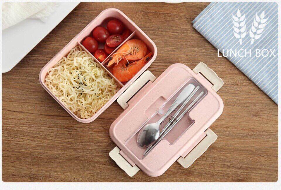 Hộp cơm lúa mạch 3 ngăn kèm đũa thìa inox