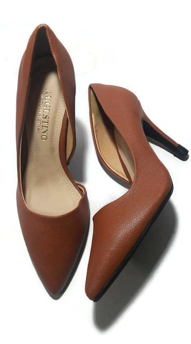 [SALE] Giày Augustino Da Sần Hở Eo Mũi Nhọn Gót Nhọn 9 Phân (Màu Nâu)