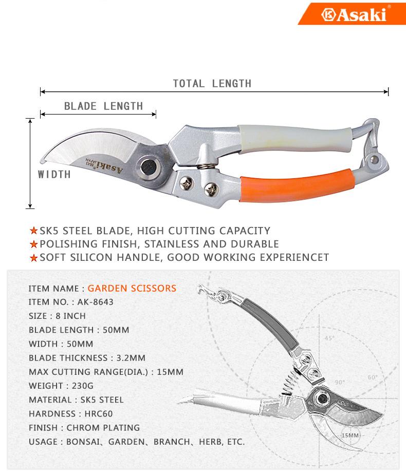 Kéo cắt cành (kiểu Nhật) 8'' lưỡi Inox Asaki