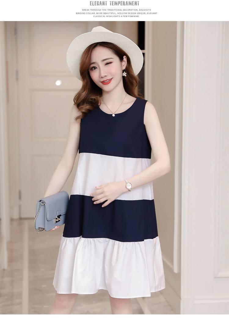 Váy Bầu Xanh Phối Trắng Sát Nách Dáng A 1235