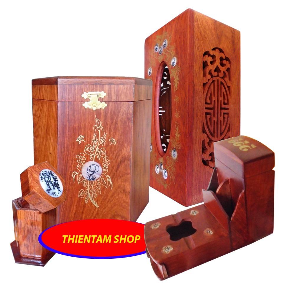 [HCM]Bộ 4 món  tiện ích bằng gỗ hương đỏ (Hộp Trà lớngạt tànhộp tămhộp giấy) COM04