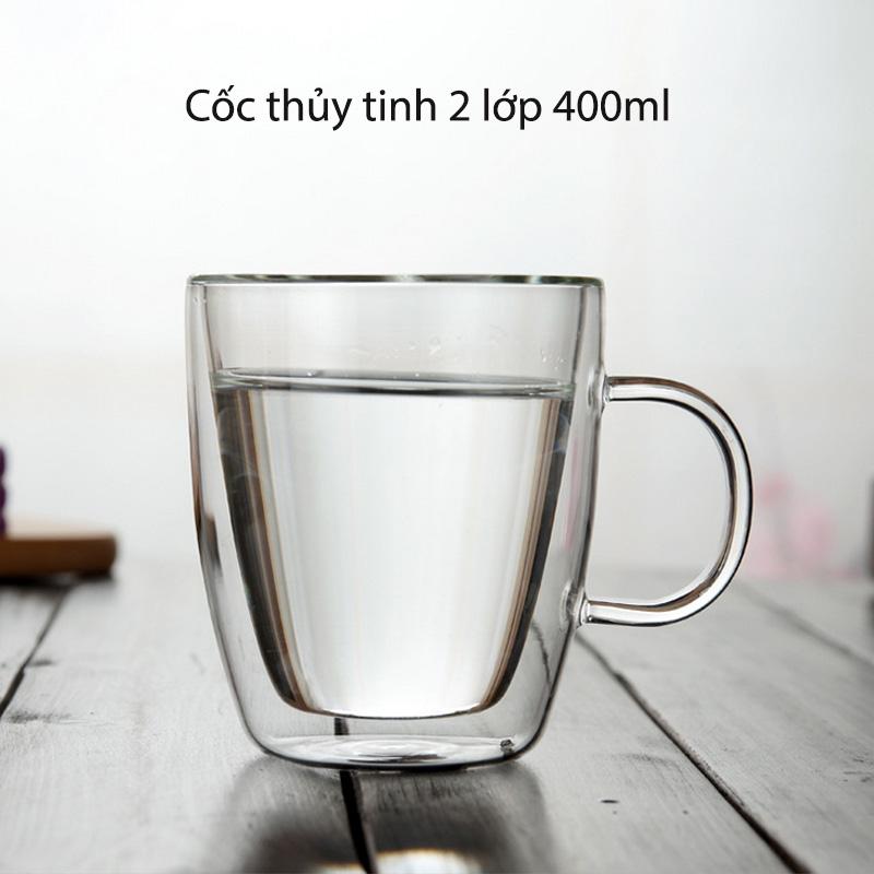 Cốc (ly) thủy tinh 2 lớp giữ nhiệt có tay cầm 400ml