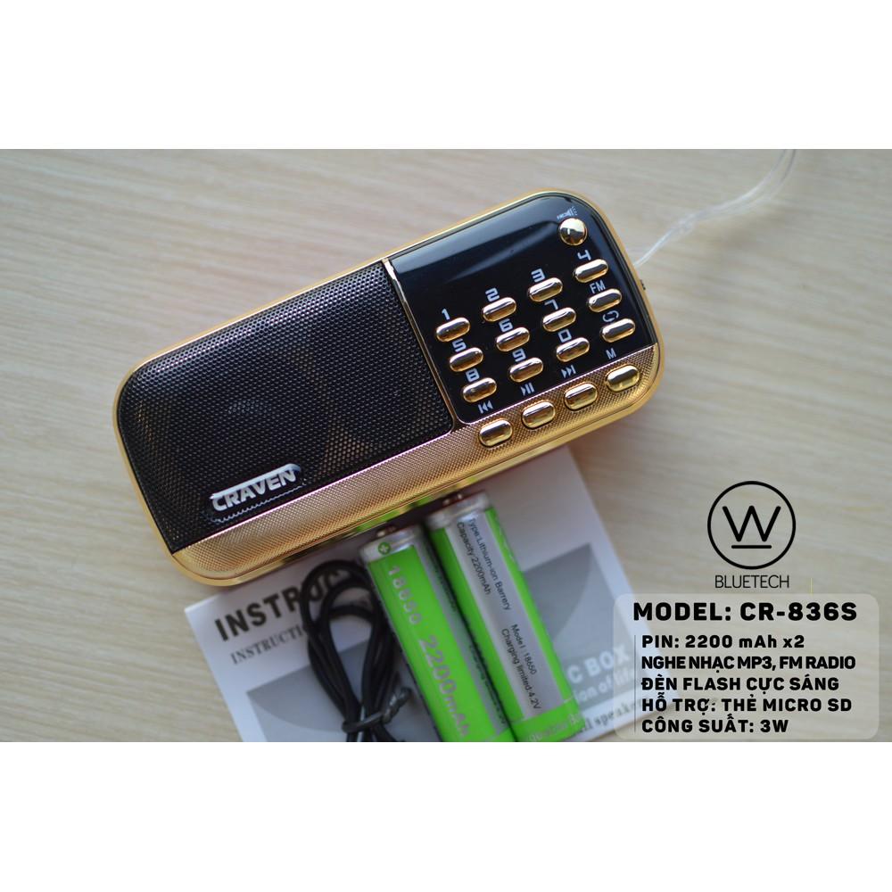Loa di động, Loa không dây Loa Nghe Nhạc Usb Thẻ Nhớ Fm Craven Cr-836s có jack tai nghe và đèn led Ấm Thanh Tốt LagaShop
