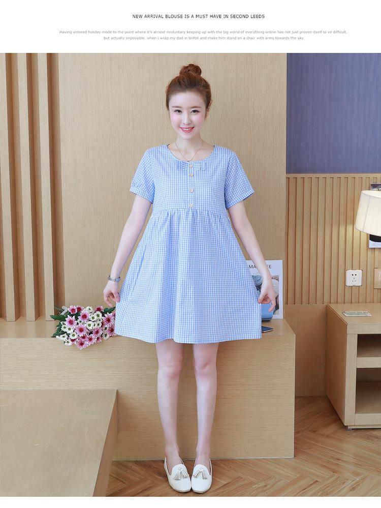 Váy Bầu Kẻ Caro Xanh Nơ Cổ
