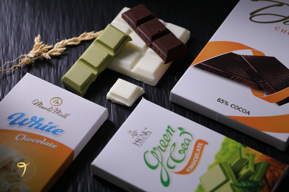 Combo 6 thanh 50g (trắng, trà xanh, sữa, đen 65%, đen 72%, mắc ca) - Henk Chocolate