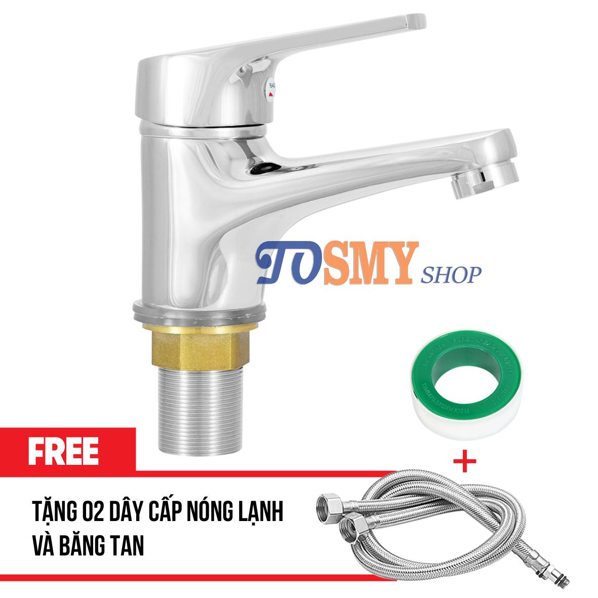 Vòi lavabo nóng lạnh Đồng thau nguyên khối mạ chrome LN01 - Tặng 02 dây cấp nóng lạnh inox 304 và băng tan