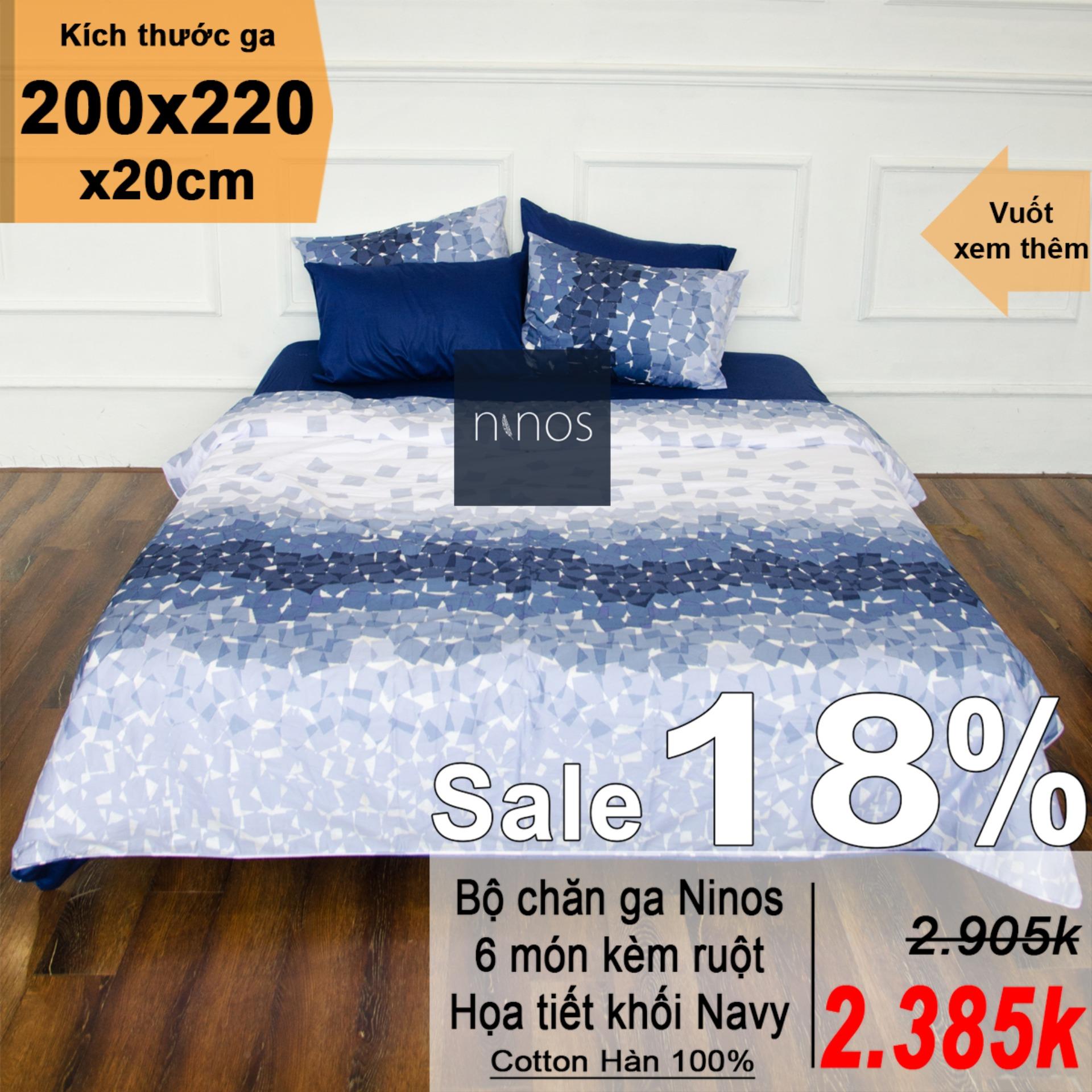 Bộ chăn ga thiết kế 200x220x20cm 6 món Ninos họa tiết Khối Navy kèm ruột