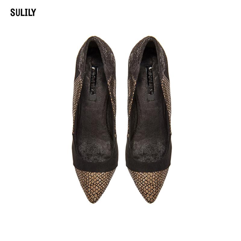 Giày Cao Gót Bít Mũi Phối Họa Tiết Da Rắn Sulily