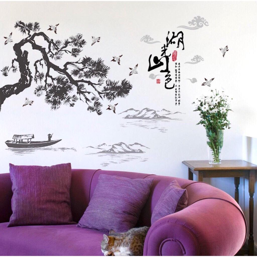 decal dán tường phong thủy cây tùng non nước