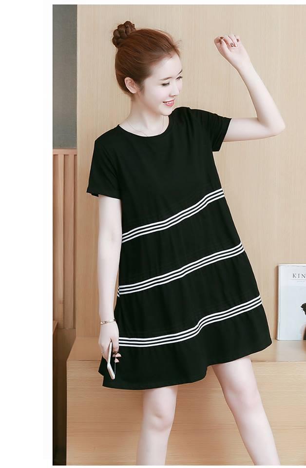 MM1165 Váy bầu đẹp dáng A đen viền ngang (Kèm ảnh thật)