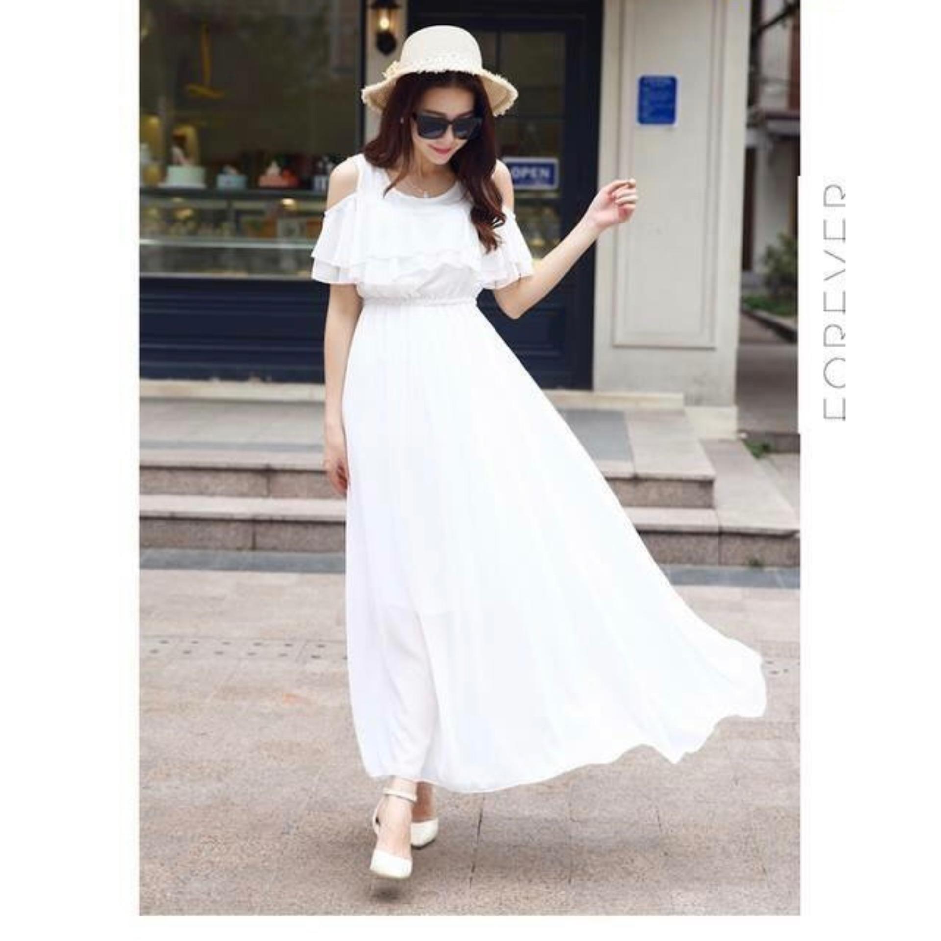 [HCM]Đầm maxi chifon rớt vai (Trắng)