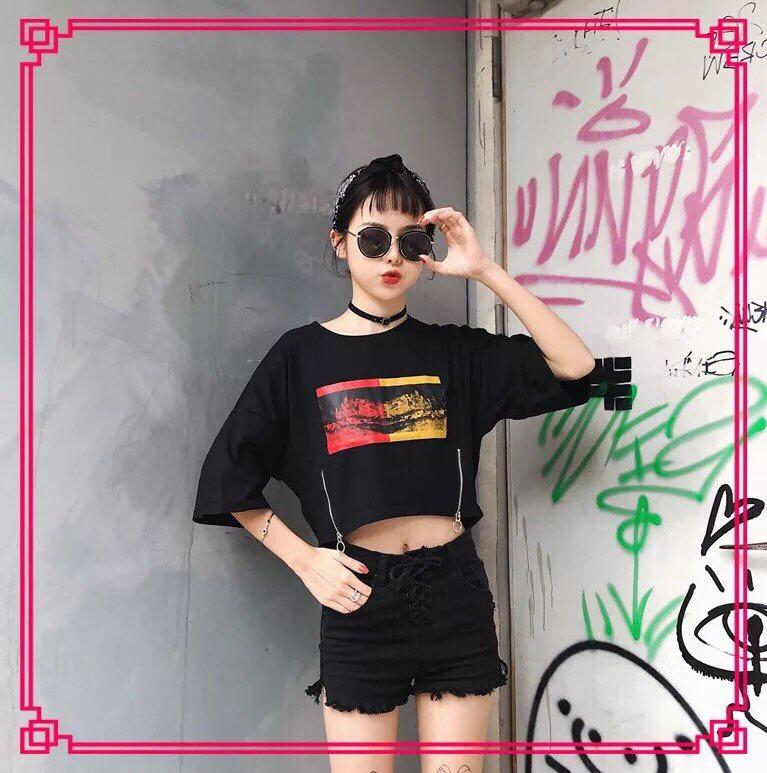 Áo thun croptop phối dây kéo chất lừ