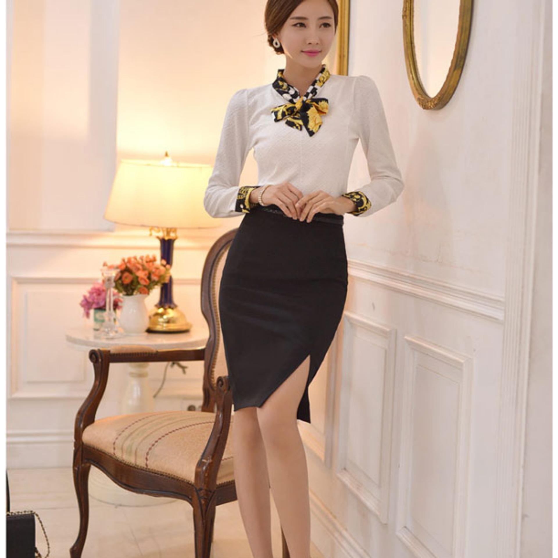 [HCM]Chân váy bút chì xẻ V lệch màu đen