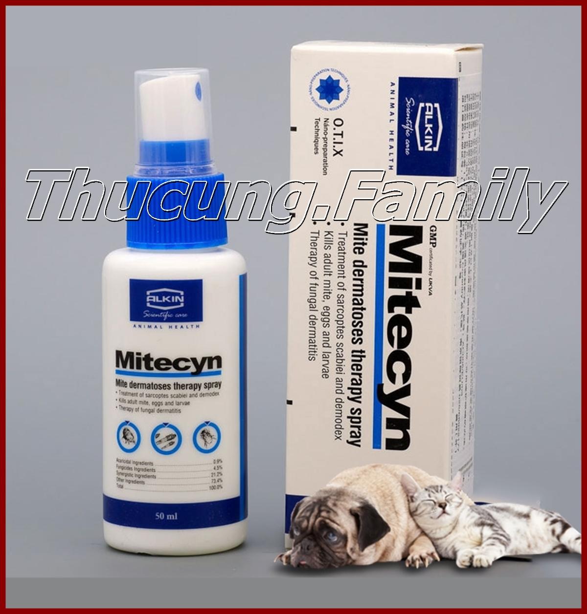 Thuốc xịt trị ghẻ, nấm, viêm da Mitecyn 50ml cho chó mèo.