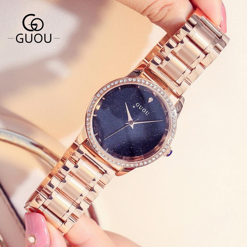 Đồng hồ nữ thời trang nữ mặt kim tuyến dây thép không gỉ cao cấp Guou DA02