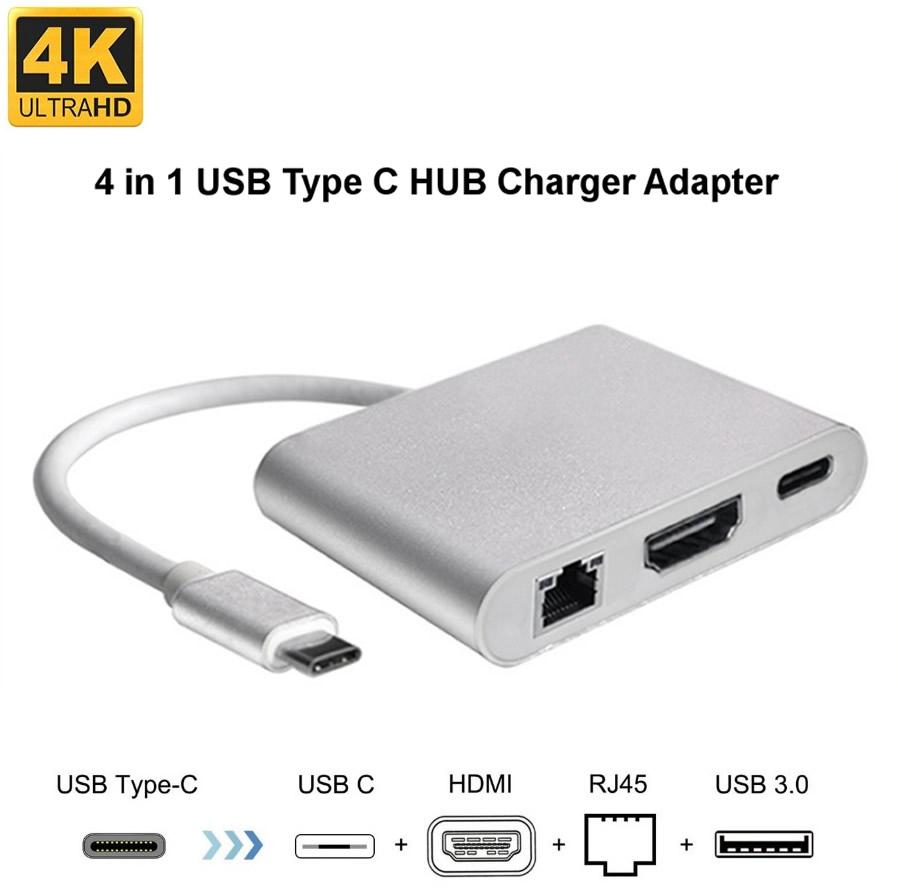 Cwxuan 4-in-1 USB 3.1 Type-C to 4K HDMI, USB 3.0, RJ45 Ethernet Port, Type-C Adapter Charger - Silver - intl