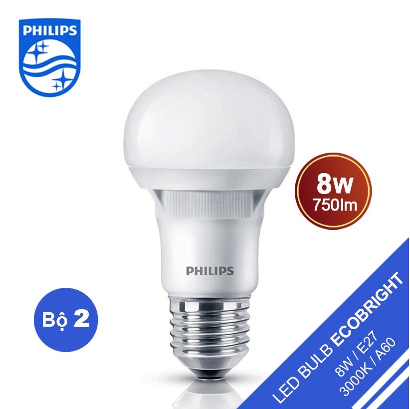 (Bộ 2) Bóng đèn Philips Ecobright LEDBulb 8W 3000K đuôi E27 A60 - Ánh sáng vàng