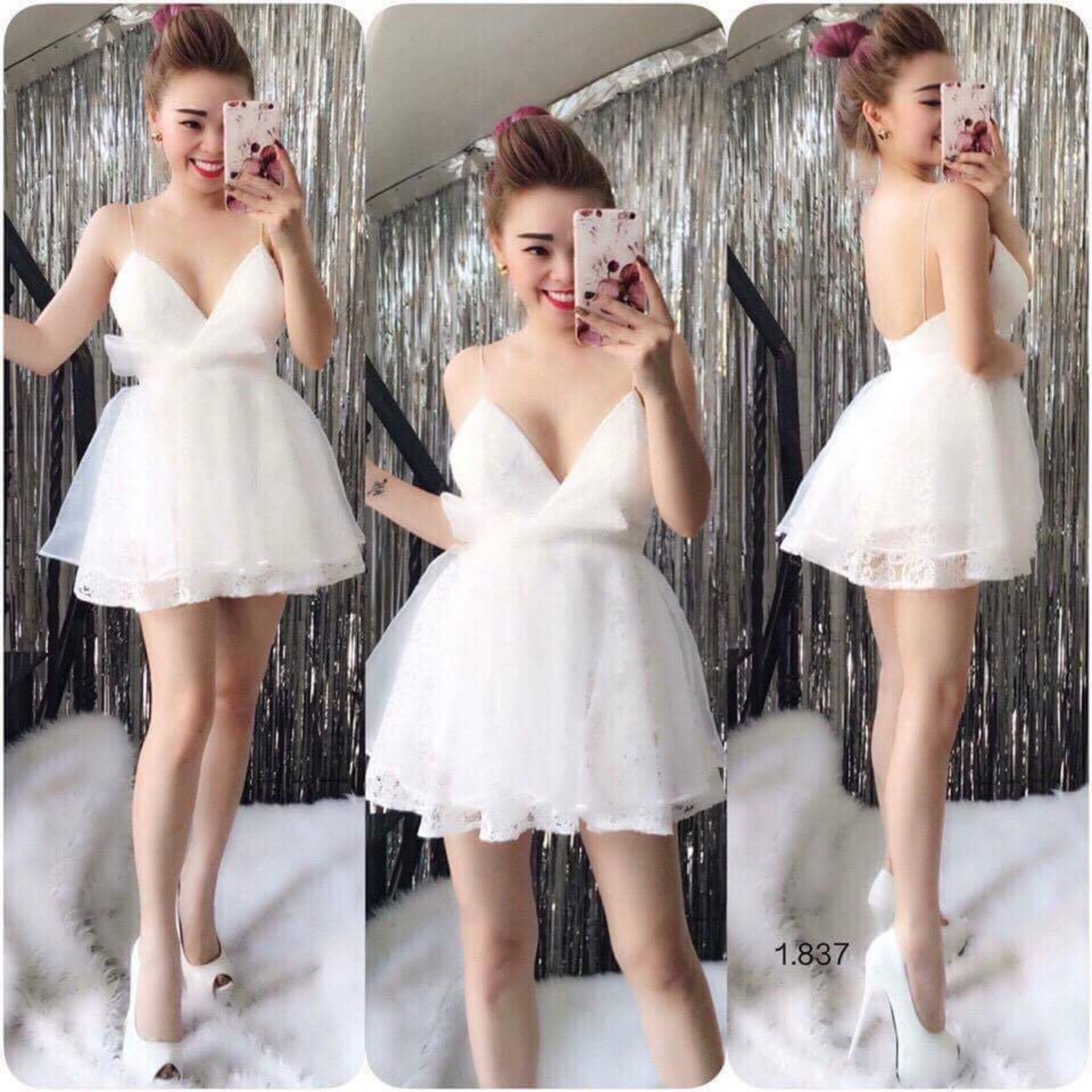 Đầm xòe 2 dây phối lưới thắt nơ 