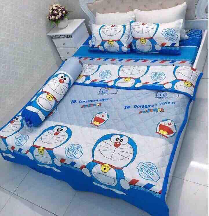 Bộ Chăn Ga Gối Cotton Poly - Hình Doraemon Lá Thư ( 3 Món , 4 Món , 5 Món ) Tiệm Nhà Cá