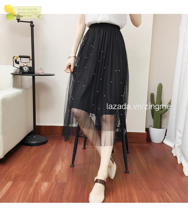 chân váy lưới dài đính ngọc trai MT153