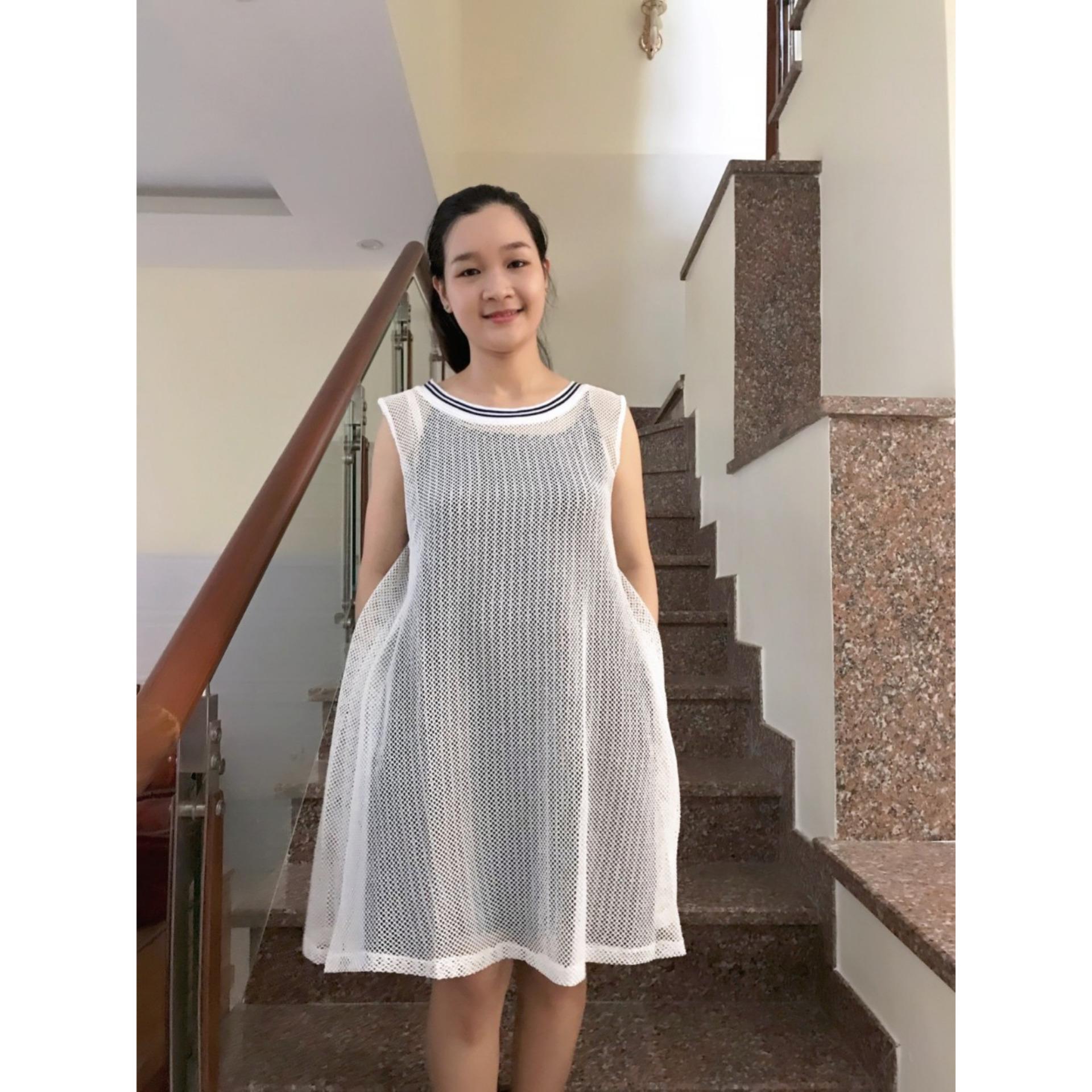 Đầm bầu suông 2 lớp phối ren lưới (trắng)