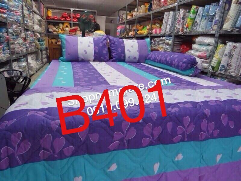 Bộ ga Cotton Thắng Lợi kèm mền chần gòn - Họa tiết xanh trái tim Mã B402 KT:180X200X15CM