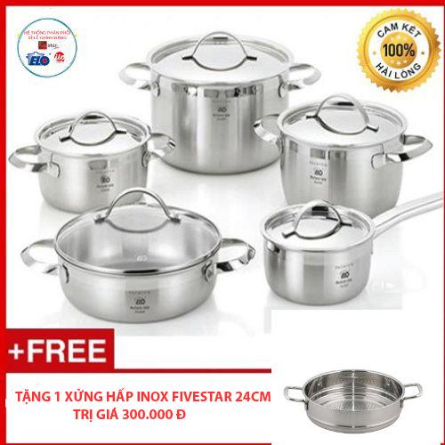 Bộ nồi inox cao cấp Elo zurich nắp inox 10 món tặng 1 xửng hấp inox Fivestar 24cm