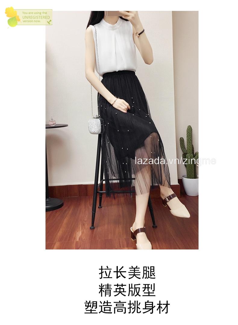 chân váy lưới dài đính ngọc trai MT153