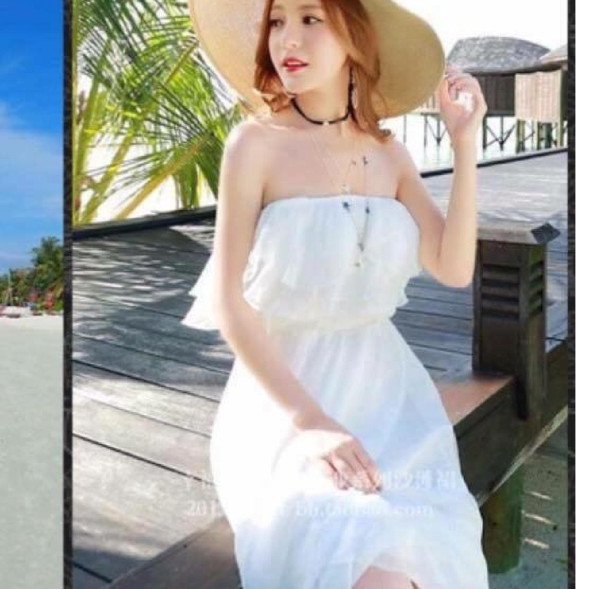 Đầm đi biển nhún bèo trắng tiểu thư