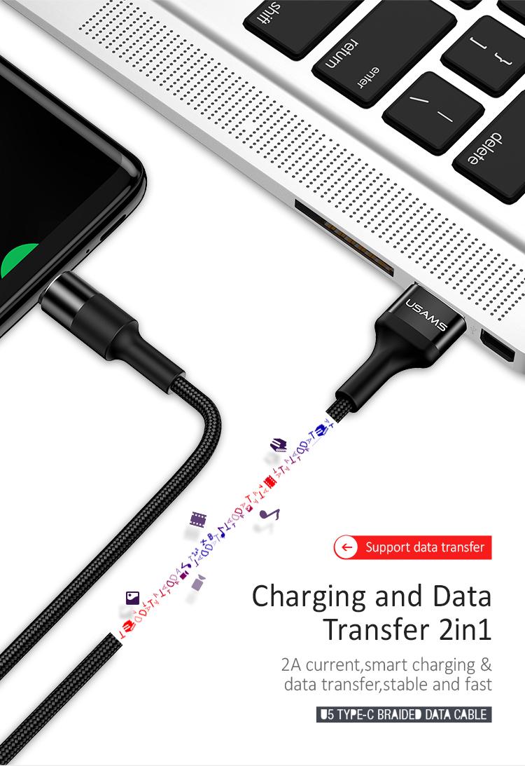 Cáp sạc dù chống đứt dây chuẩn USB-C 1,2m USAMS U5 (Màu đen)