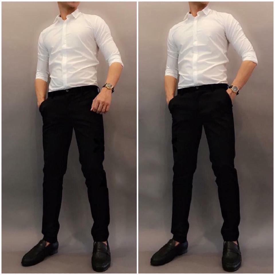 Combo 2p: 1 Sơ Mi Trắng Lụa Nến cao cấp + 1 Quần Âu Đen