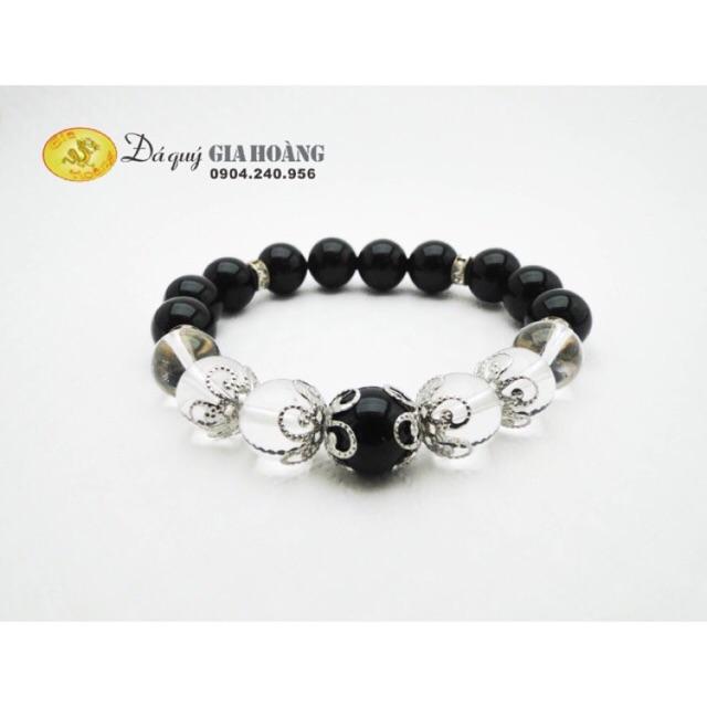 Vòng tay đá mã não đen + thạch anh trắng 10 ly
