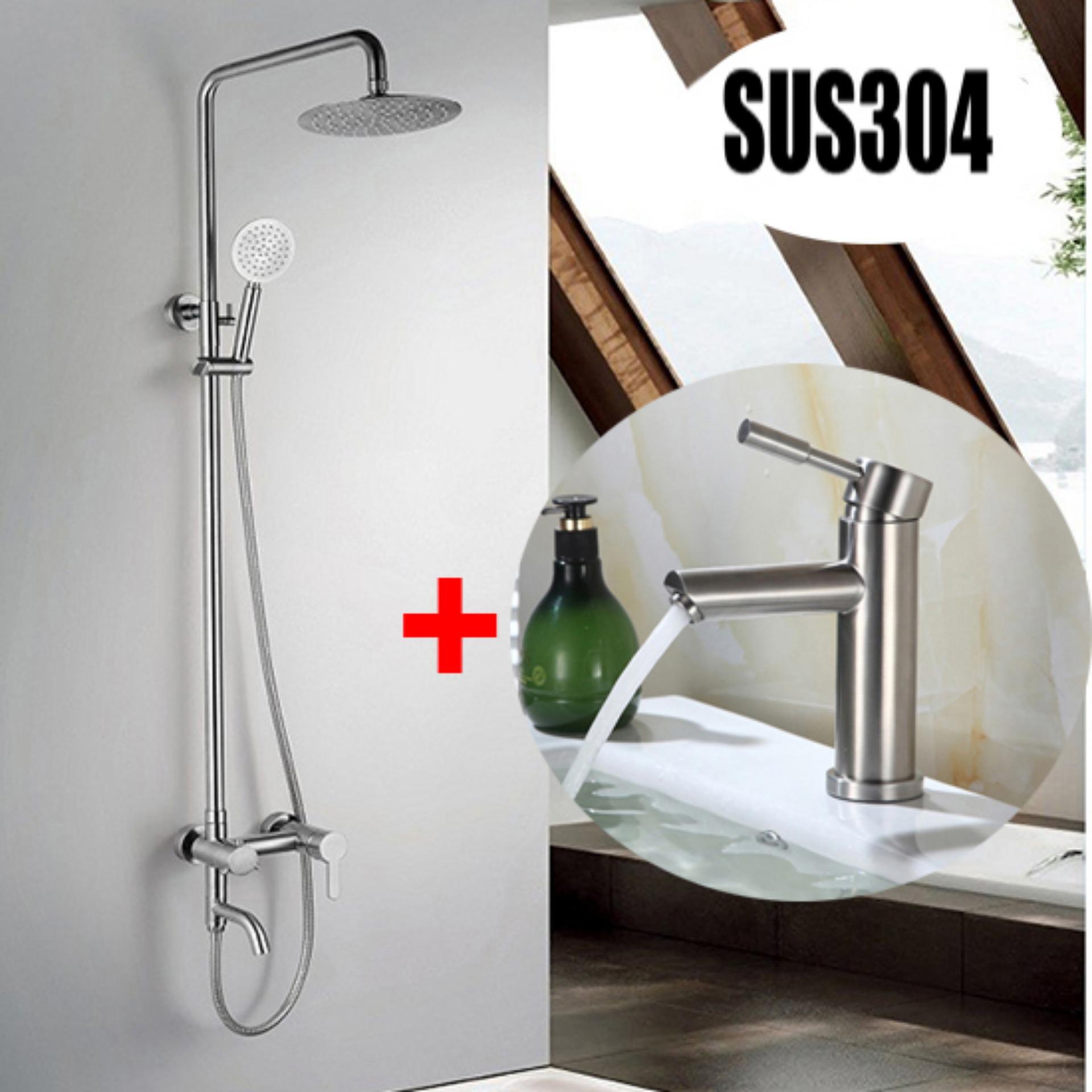 Bộ sen cây tắm nóng lạnh Inox SUS304 tròn ngang 3011+ Lavabo 5007