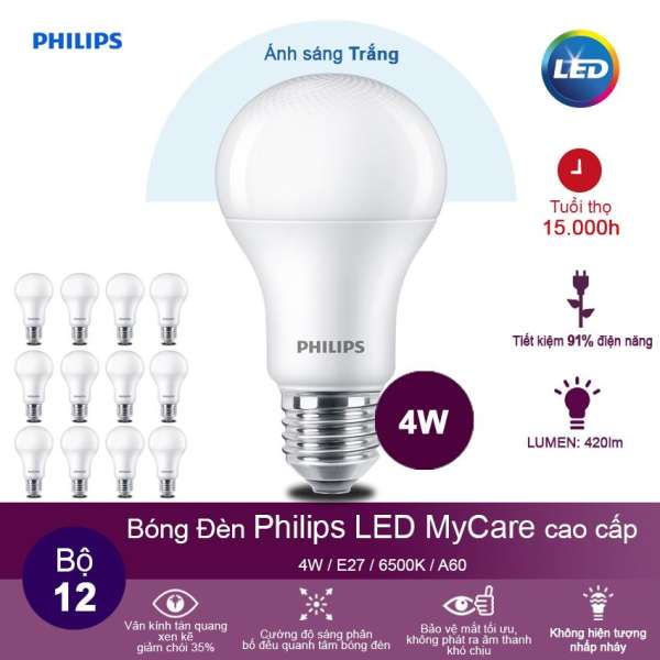 Bộ 12 Bóng đèn Philips LED MyCare 4W 6500K E27 A60 - Ánh sáng trắng