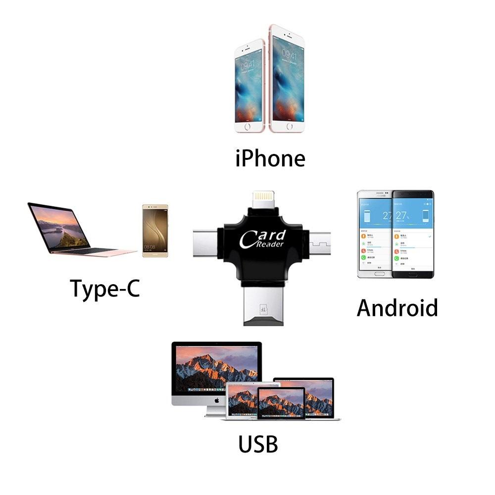 Đầu đọc thẻ đa năng 4 in 1(OTG, USB, TYPE - C, IOS) dùng cho iOS - Android - PC- Macbook